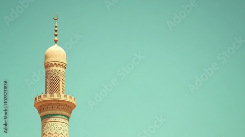 A minimalist image of a mosqueâ€™s minaret isolated against a solid green background. The towering structure is centered, highlighting simplicity and the call to prayer. photo