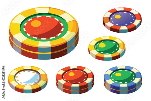 Colorful casino chips cut out, illustration on white background.