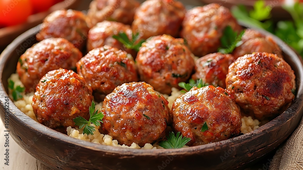 Crab and prawn fish steamed meatballs patties with couscous and vegetables on white background Copy space : Generative AI Crab and prawn fish steamed meatballs patties with couscous and vegetables on white background Copy space : Generative AI