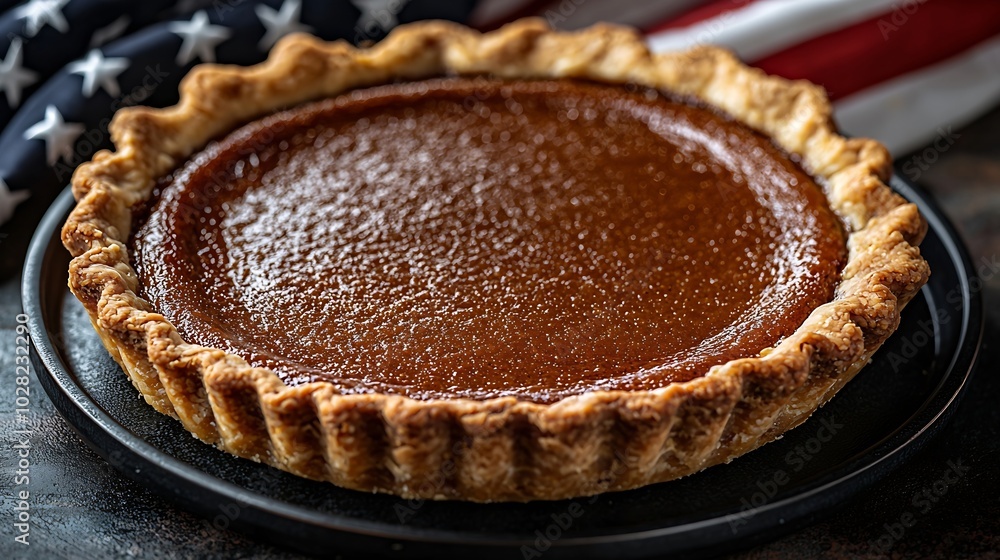 Pumpkin pie tart made for Thanksgiving day on a black plate with American flag Grey stone background Top view Copy space : Generative AI Pumpkin pie tart made for Thanksgiving day on a black plate with American flag Grey stone background Top view Copy space : Generative AI