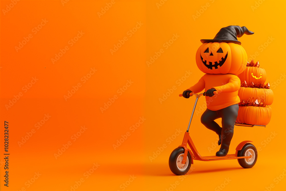 3D character riding a scooter with Halloween pumpkins on the back, against an orange background 3D character riding a scooter with Halloween pumpkins on the back, against an orange background