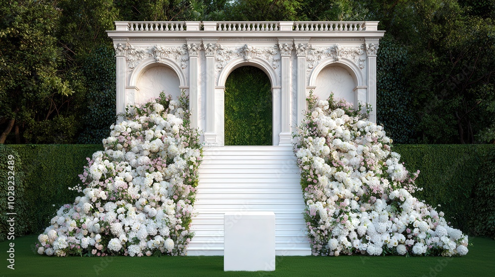 Fototapeta premium White Floral Display Podium with Archway and Greenery