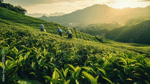 An organic tea plantation in Asia, where workers harvest tea leaves by hand, set in lush, green hills with a focus on sustainability and local production