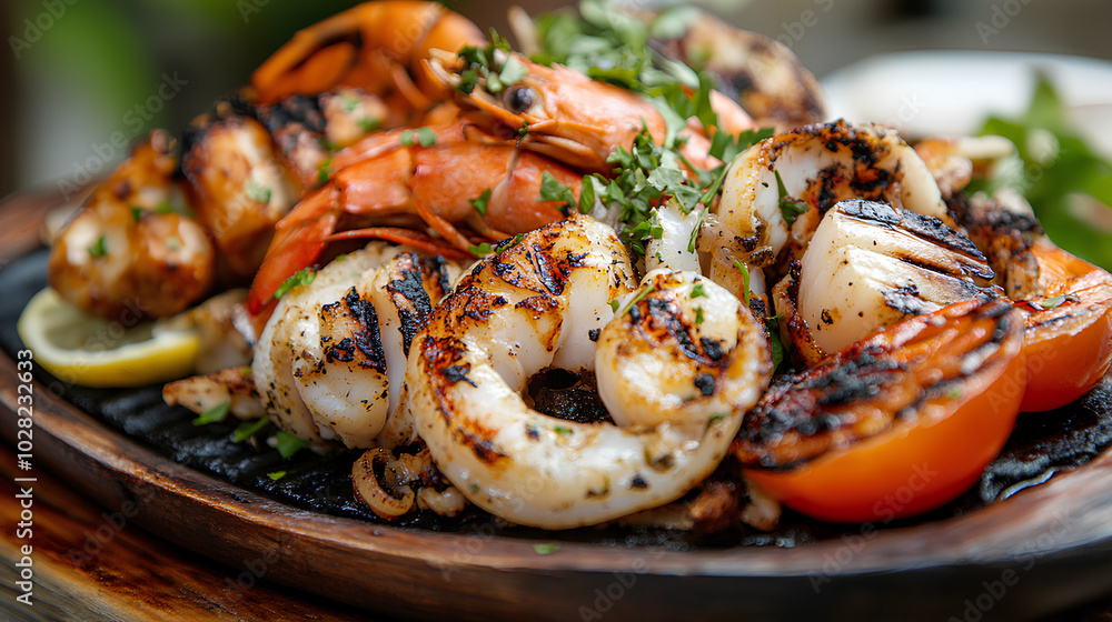 A sizzling plate of grilled seafood, including squid, prawns, and scallops, garnished with herbs, grilled seafood platter, beach barbecue A sizzling plate of grilled seafood, including squid, prawns, and scallops, garnished with herbs, grilled seafood platter, beach barbecue