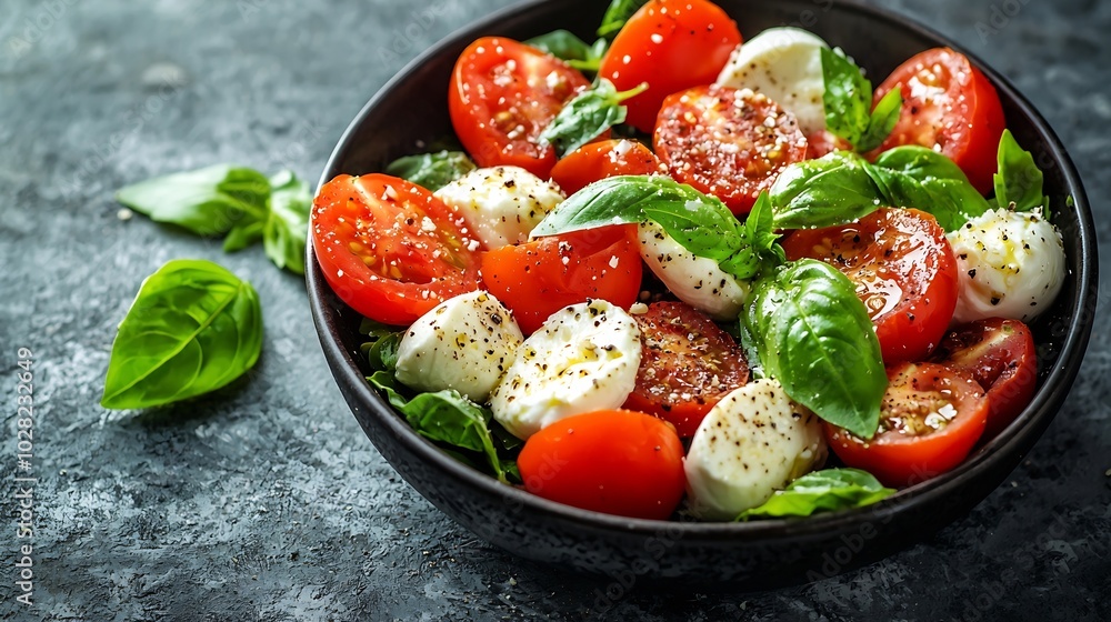 Caprese salad with tomatoes mozzarella cheese basil Grey background Copy space : Generative AI Caprese salad with tomatoes mozzarella cheese basil Grey background Copy space : Generative AI
