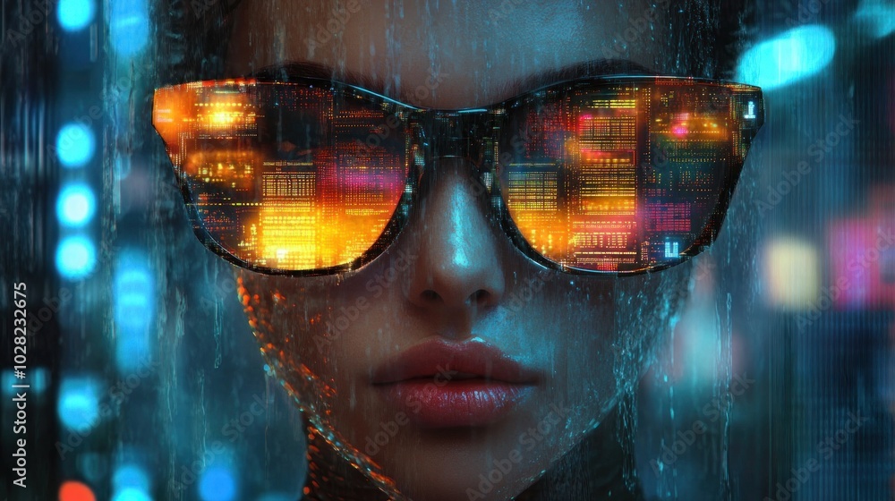 A close-up of a person wearing reflective sunglasses with a futuristic cityscape in the lenses. A close-up of a person wearing reflective sunglasses with a futuristic cityscape in the lenses.
