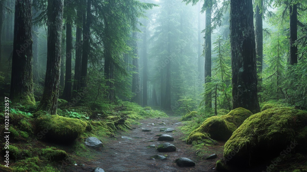 Fototapeta premium A Misty Forest Path Through Tall Trees and Lush Moss