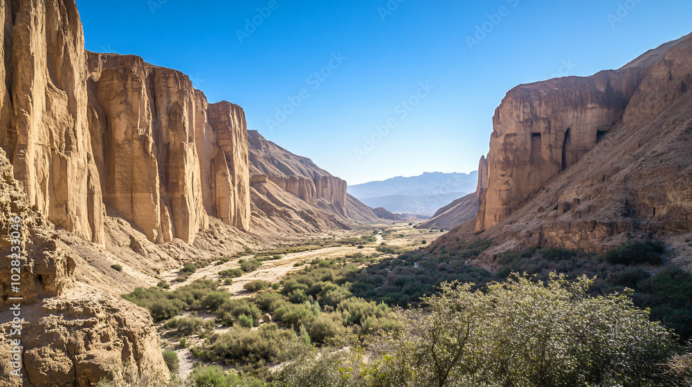 Fototapeta premium A scenic view of a desert valley surrounded by towering cliffs.