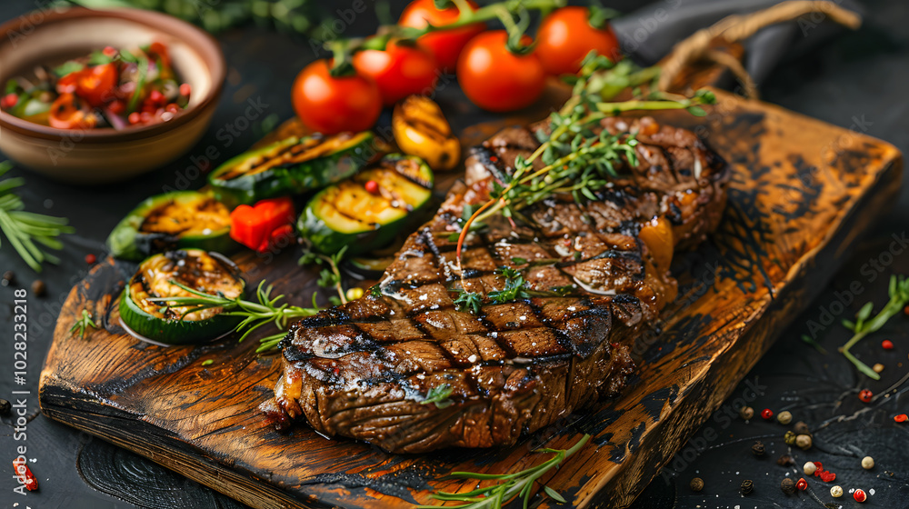 Perfectly Grilled Steak on Wooden Cutting Board with Fresh Herbs and Roasted Vegetables. Perfectly Grilled Steak on Wooden Cutting Board with Fresh Herbs and Roasted Vegetables.