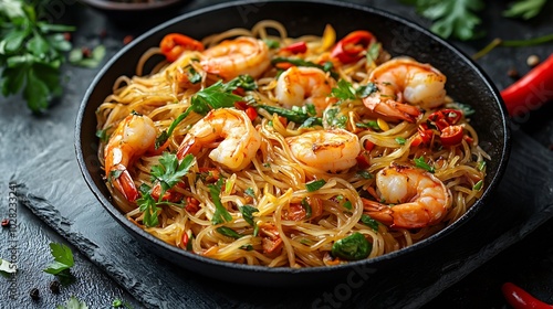 Stir fry noodles with vegetables and shrimps in black iron pan Slate background Top view : Generative AI