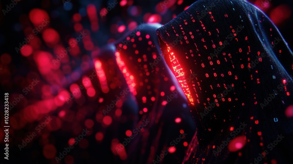 Naklejka premium Abstract digital art with red lights and patterns, dark background.