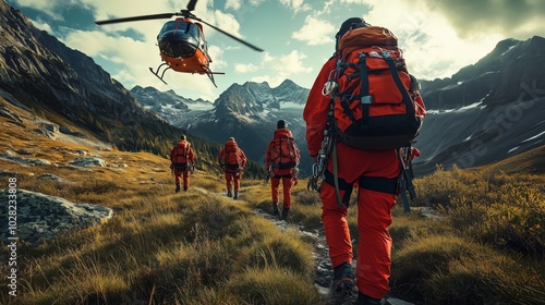 Search and Rescue Team in Mountainous Landscape. Search and rescue team advances through a stunning mountainous landscape, supported by a helicopter overhead, emphasizing emergency medical services. photo