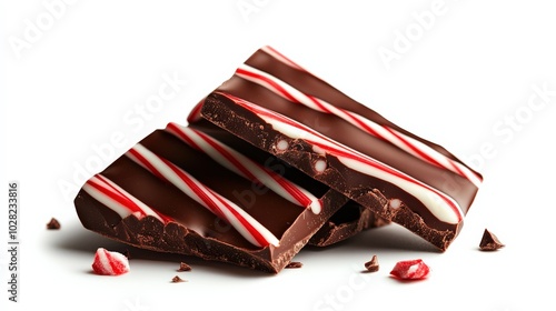 Chocolate peppermint bars with festive red and white stripes, isolated on white background.