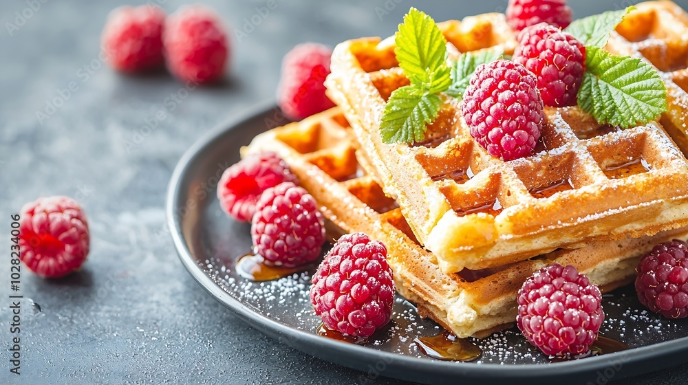 Belgian waffles with maple syrup and fresh raspberry Grey background Top view : Generative AI Belgian waffles with maple syrup and fresh raspberry Grey background Top view : Generative AI