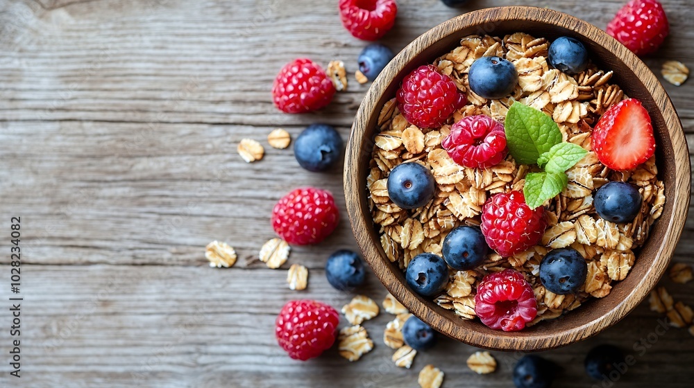 Oatmeal granola glazed with molasses and coffee milk and fresh berries on a wooden background Selective focus : Generative AI Oatmeal granola glazed with molasses and coffee milk and fresh berries on a wooden background Selective focus : Generative AI
