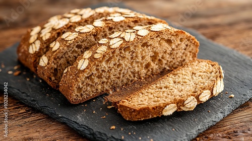 Fresh Irish soda bread with oat sliced on a slate cutting board Wooden background Copy space Selective focus : Generative AI photo