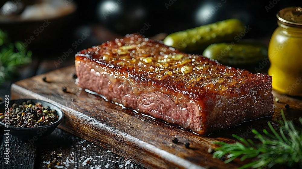 Roast beef on wooden cutting board with pickles : Generative AI Roast beef on wooden cutting board with pickles : Generative AI