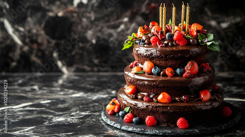 Delicious Chocolate Cake with Fruit and Candles.