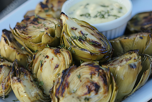 Grilled artichoke halves served with a lemongarlic aioli dipping sauce, grilled artichokes, gourmet appetizer. photo