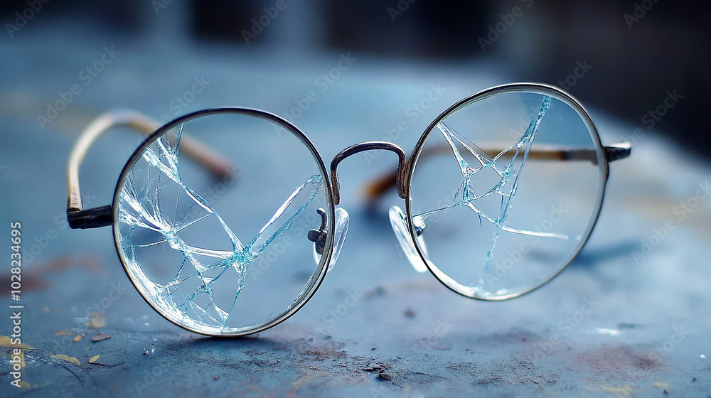 Broken glasses with one cracked lens and bent frame Broken glasses with one cracked lens and bent frame