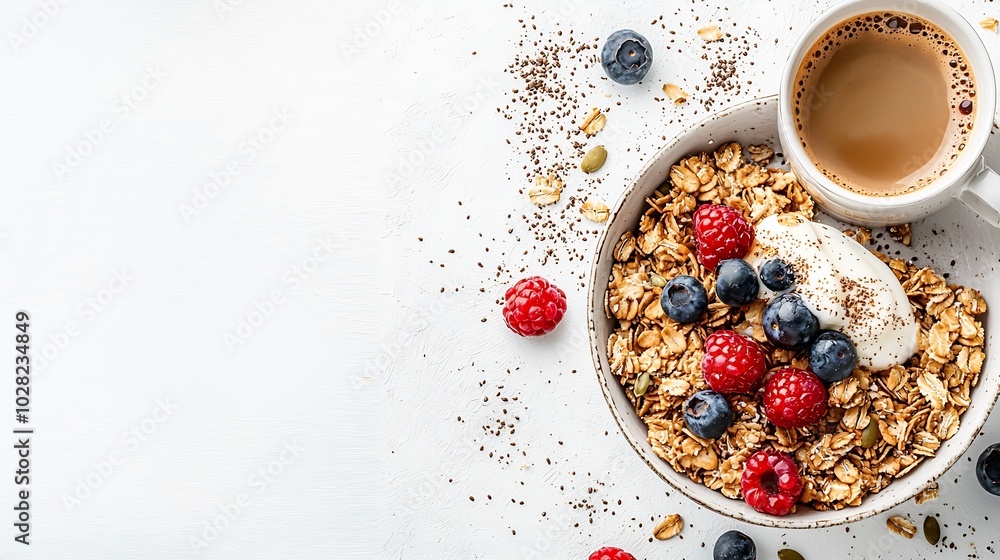 Healthy breakfast Granola muesli with pumpkin seeds honey yogurt and fresh berries in a ceramic bowl with a cup of coffee on white background : Generative AI Healthy breakfast Granola muesli with pumpkin seeds honey yogurt and fresh berries in a ceramic bowl with a cup of coffee on white background : Generative AI