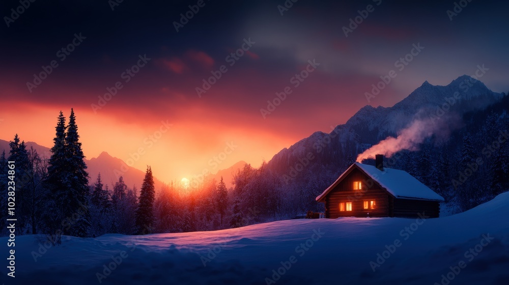 Fototapeta premium Cozy cabin in snow-covered landscape under a vibrant sunset with silhouetted mountains.