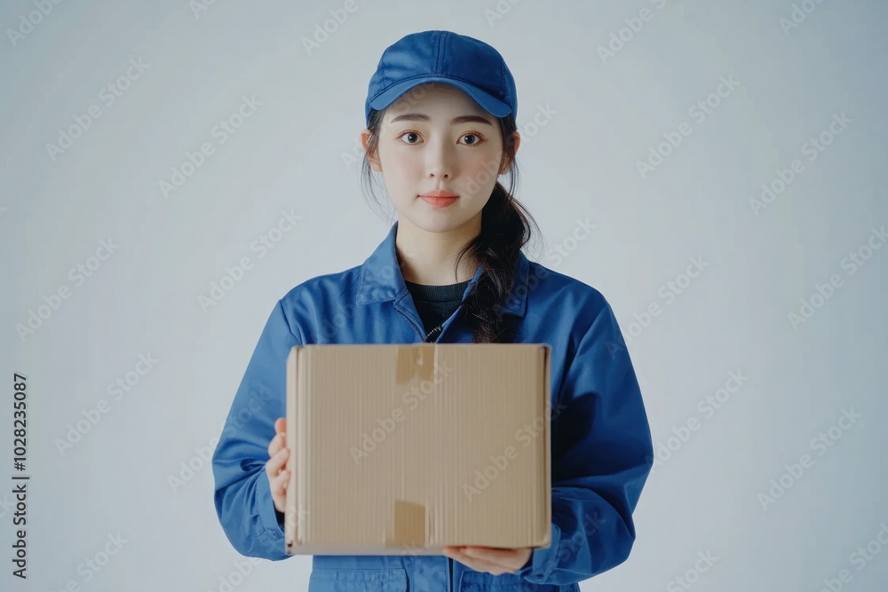 The delivery driver was a woman in a blue work uniform. Confidently holding a cardboard box on a clean white background. Professionalism and the important role of delivery personnel in the logistics i The delivery driver was a woman in a blue work uniform. Confidently holding a cardboard box on a clean white background. Professionalism and the important role of delivery personnel in the logistics i