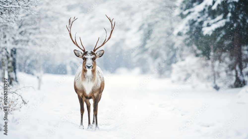 Majestic deer in snow-covered forest,a captivating winter wildlife scene Majestic deer in snow-covered forest,a captivating winter wildlife scene