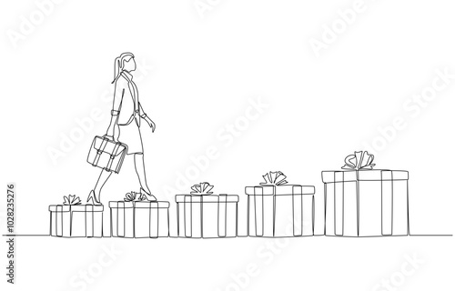 Continuous one line drawing of female employee walking from small to large bonus gift boxes, increasing company bonus concept, single line art.