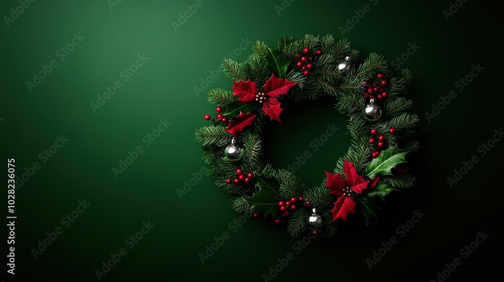 Festive Christmas wreath with red accents on green background. Festive Christmas wreath with red accents on green background.