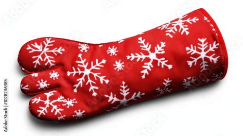 Festive red oven mitt with white snowflakes, isolated on a white background. photo