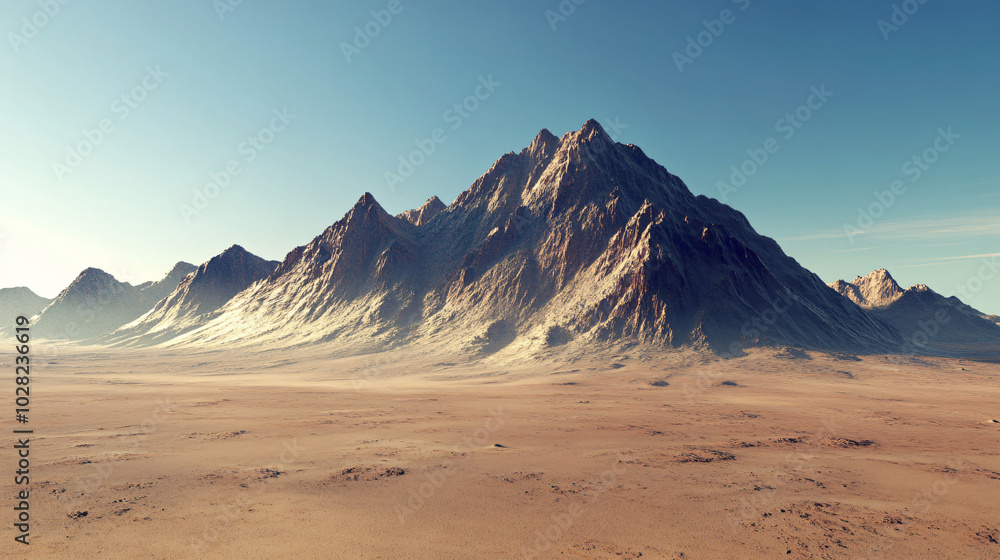 A rugged mountain range rising sharply from the flat desert floor. A rugged mountain range rising sharply from the flat desert floor.