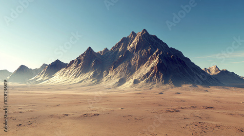 A rugged mountain range rising sharply from the flat desert floor.