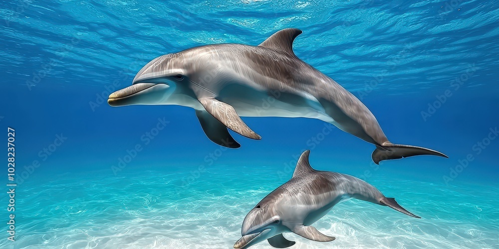 Fototapeta premium Dolphin Mother and Calf Swimming in Turquoise Water