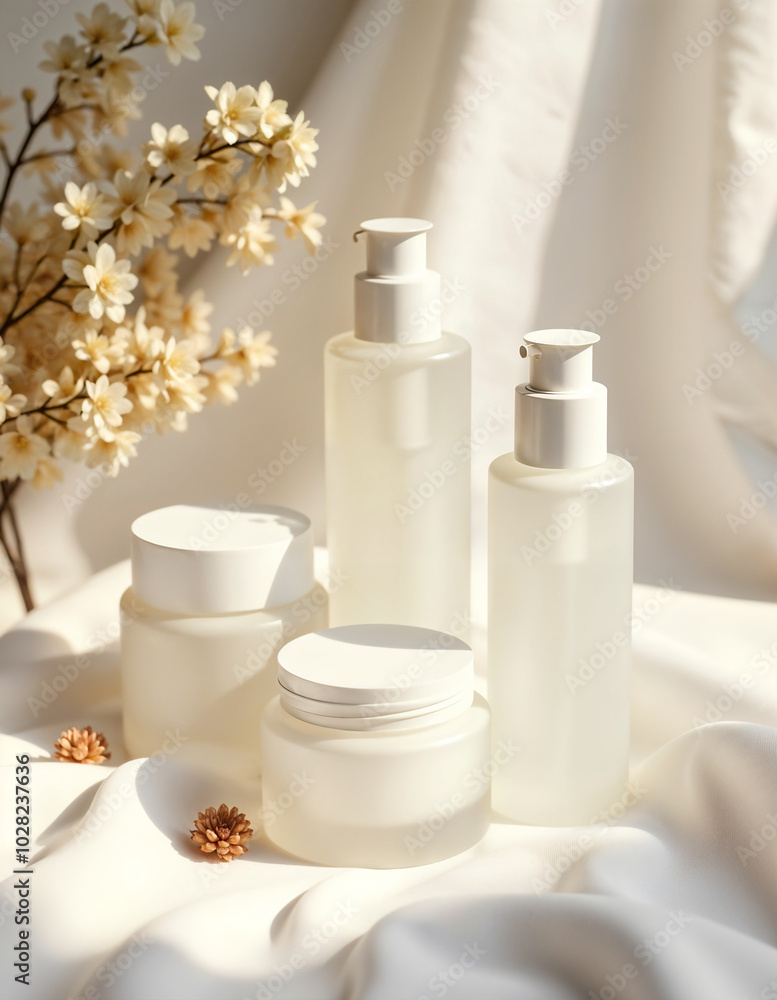Elegant Cosmetic Bottle and Jar Display on Beige Fabric with Natural Lighting - Luxury Skincare Product Mockup Elegant Cosmetic Bottle and Jar Display on Beige Fabric with Natural Lighting - Luxury Skincare Product Mockup