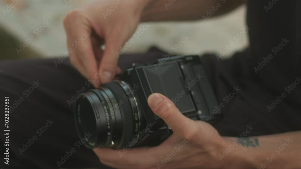 Setting up a film camera with a roll of film in hand to capture stunning moments creatively Setting up a film camera with a roll of film in hand to capture stunning moments creatively