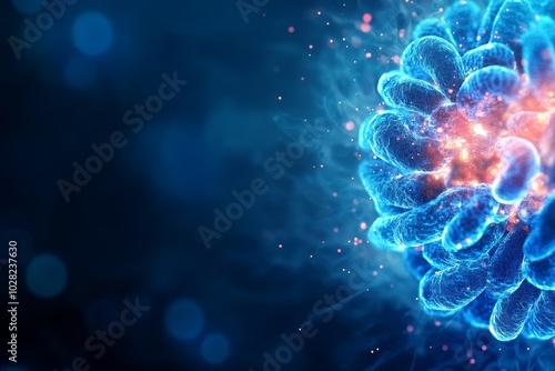 Abstract representation of a cell with glowing elements against a blue background.