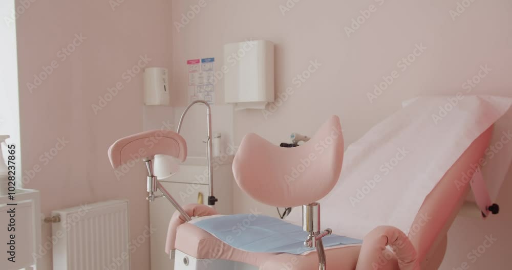 A brightly lit gynecology examination room with pink decor and modern ...