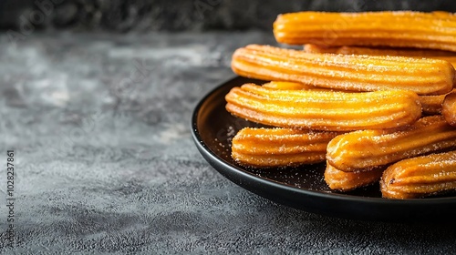 Churros dessert on black plate Grey background Close up : Generative AI