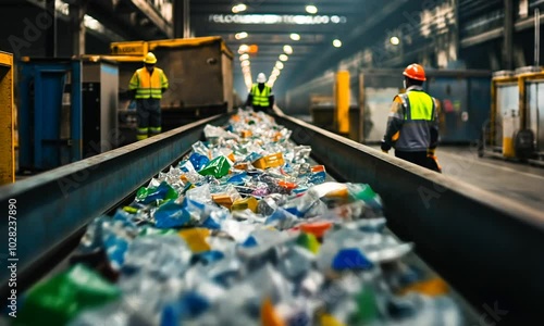 Wallpaper Mural A conveyor belt filled with various plastic waste in a recycling facility. Torontodigital.ca