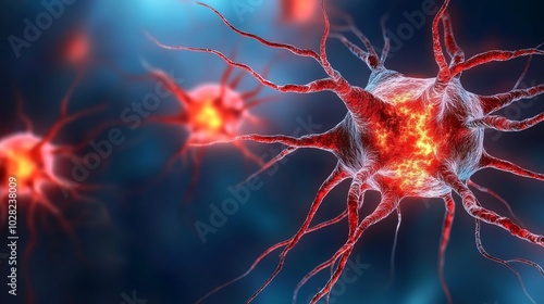 Close-up view of neurons with vibrant colors and intricate structure, isolated background.