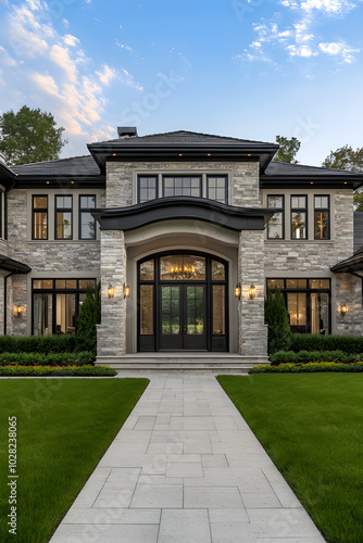 Luxurious Home Exterior with Elegant Architecture and Tranquil Open Lawn