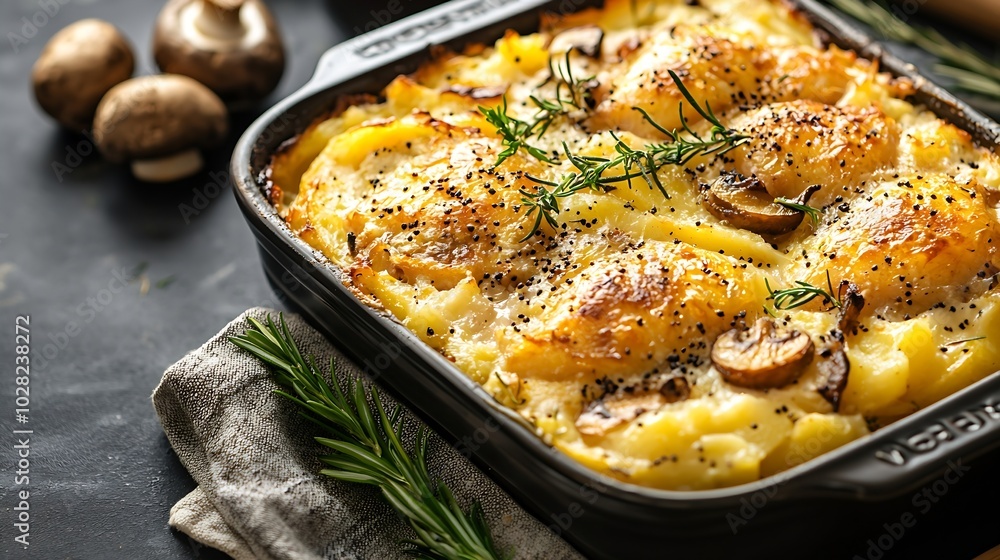 Duck legs confit with potato gratin and mushroom Close up : Generative AI Duck legs confit with potato gratin and mushroom Close up : Generative AI