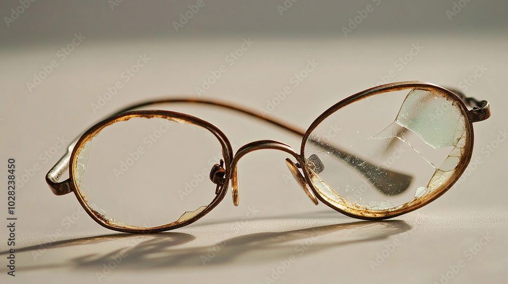Broken spectacles with one lens missing, frame bent Broken spectacles with one lens missing, frame bent
