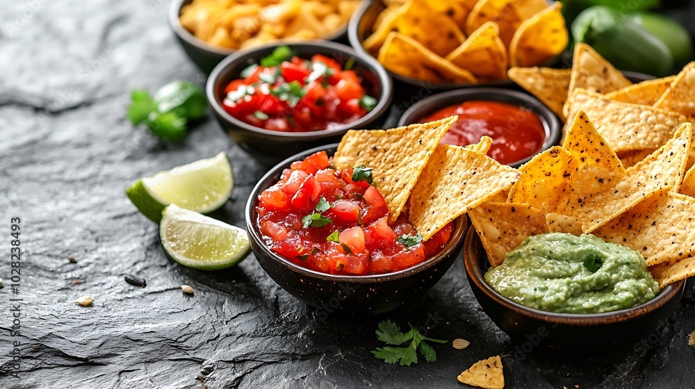 Nachos chips in bowl with sauces dip variety Grey stone background Close up : Generative AI Nachos chips in bowl with sauces dip variety Grey stone background Close up : Generative AI