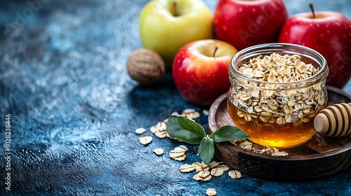 Overnight oats bircher muesli with apple cinnamon and honey Blue background Copy space : Generative AI photo