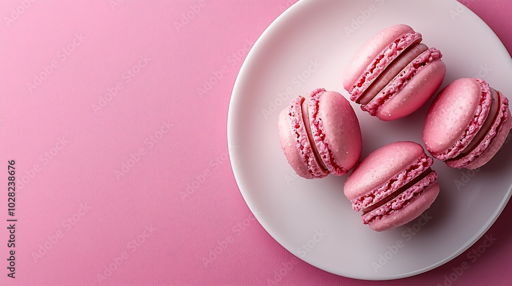 Fototapeta premium Macaroons dessert on a white plate Pink pastel background Top view : Generative AI