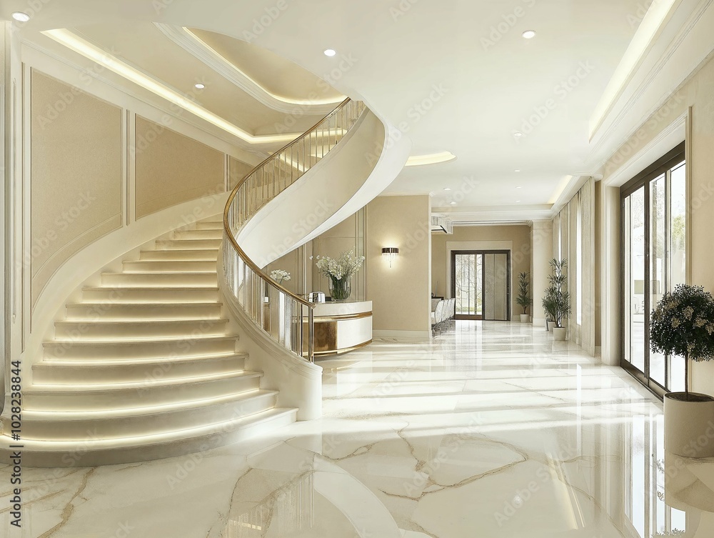 Obraz premium Elegant grand staircase with polished white marble steps and a curved design, illuminated by soft lighting in a luxurious interior, creating a refined and sophisticated ambiance.