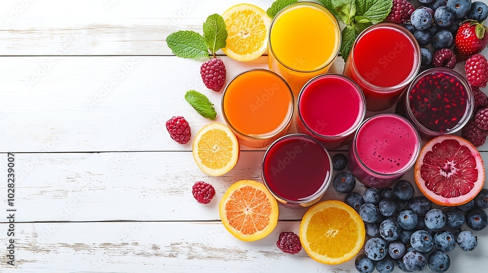Smoothies juices beverages drinks variety with fresh fruits and berries on a white wooden background : Generative AI Smoothies juices beverages drinks variety with fresh fruits and berries on a white wooden background : Generative AI