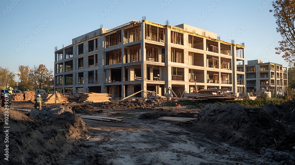 Modern Building Construction Site with Workers and Materials Modern Building Construction Site with Workers and Materials